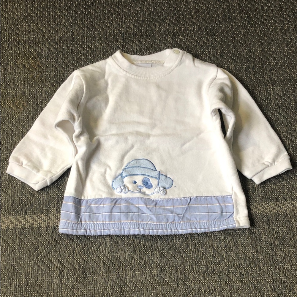 White & Light Blue Baby Long Sleeve Top with Puppy Appliqué